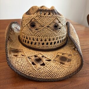 Som Her Womens Western Cowgirl Hat Brown Straw Braided Festival Boho Size M